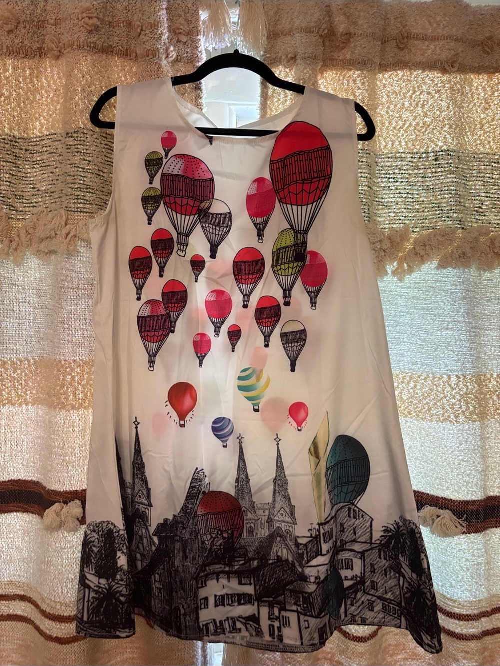 White Sleeveless Dress with Pink Hot Air Balloon Print